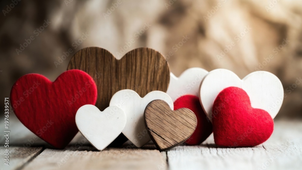Fototapeta premium Wood and fabric hearts arranged on rustic wooden table surface