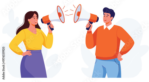 Man and woman using megaphones to communicate. Represents dialogue, announcement, and information sharing. Modern flat design style for business themes.