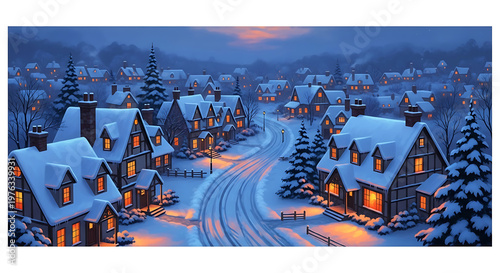 Enchanting winter village at dusk a cozy scene of snow covered houses and warm lights