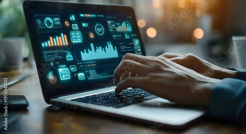 Business intelligence chart display on laptop with hands image