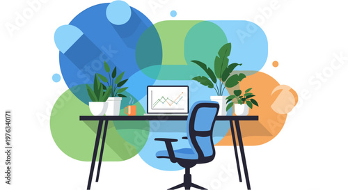 Modern home office workspace with plants in colorful abstract background for business productivity