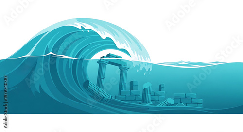 A vector graphic illustration of a massive wave crashing over a cityscape with ancient ruins and modern buildings submerged underwater.