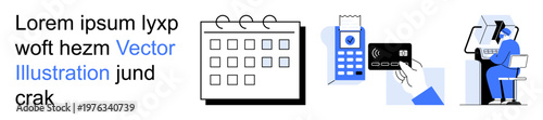 Business planning, payment solutions, customer service, online transactions, appointment booking, tech management. Features a calendar, a payment terminal, a credit card and customer interaction