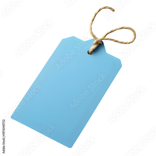 Blank light blue paper price tag with string isolated on white background