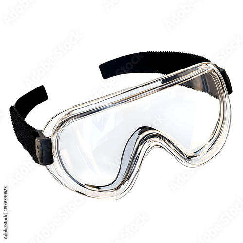Clear protective safety goggles with black strap isolated on white background.