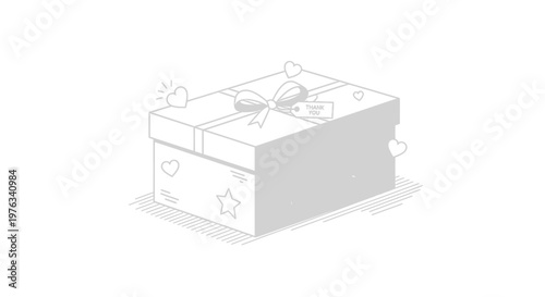 Giftbox featuring a decorative ribbon bow and festive heart icons is presented as a clean line art illustration on a plain white background, providing ample copy space for holiday design projects.