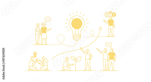 People collaborate on innovative creative concepts by nurturing small plants and sharing bright ideas represented by glowing light bulbs in this stylized professional team development graphic.
