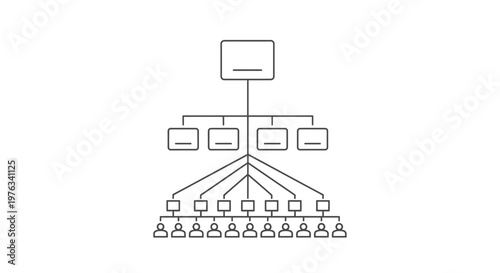 Hierarchy chart displays a clear organizational structure with a top executive position branching down through multiple management layers to a large group of individual employees at the bottom level.