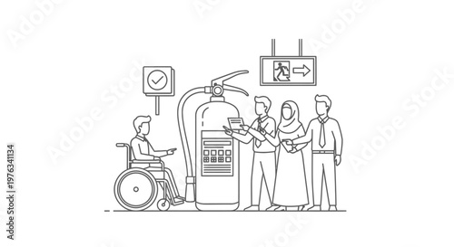Fire extinguisher stands next to a person in a wheelchair and three colleagues as they discuss emergency safety protocols in a professional office environment during a mandatory fire drill training.