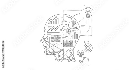 Head silhouette contains various financial data charts and a bright lightbulb icon representing creative business strategies and analytical thinking processes for modern corporate growth.