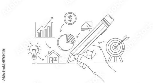 Hand holding a pencil drawing a house near a lightbulb and target to depict the creative process of strategic planning and architectural design for future residential property development projects.