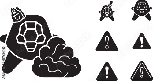 Black pollution icons, eco warning signs, turtle graphics, environmental symbols, vector set