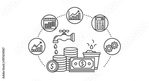 Faucet dripping water onto stacked coins and currency to symbolize the concept of cash flow management and the importance of monitoring financial resources for sustainable company profitability.