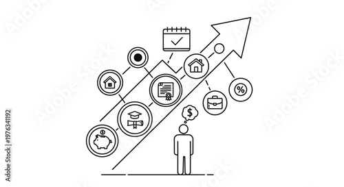 Arrow pointing upward with integrated circular icons representing financial growth milestones and personal investment goals that highlight a clear path toward long-term prosperity and professional.