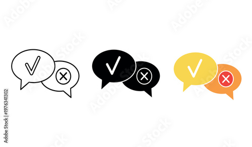 Title communication icons speech bubbles with checkmarks crosses and heart symbols description three sets