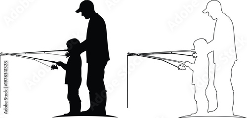 Adult teaching child how to fish with fishing rods outdoors