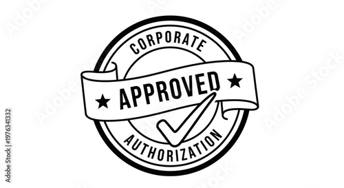 Stamp features a bold circular design with the text corporate approved authorization and a prominent checkmark symbol to indicate official validation and quality control for sensitive documents.