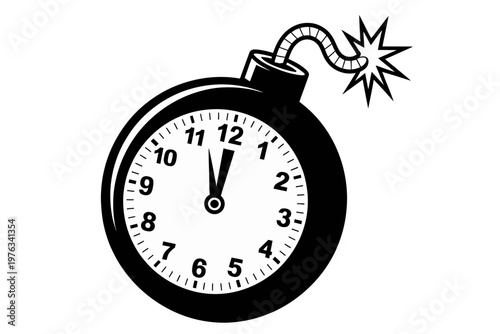 A black and white vector graphic illustration of a bomb shaped like a clock with a lit fuse