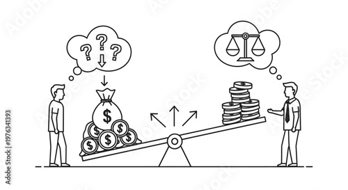 People comparing financial assets on a seesaw scale represent the balance between debt and wealth while thinking about economic choices and monetary justice in this conceptual line art illustration.