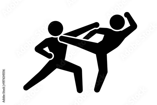 A vector graphic illustration of two stick figures engaged in a martial arts kickboxing match with a minimalist flat design