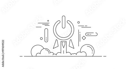 Power symbol rocket launches from the ground, surrounded by geometric shapes and speed lines, creating a conceptual illustration of a startup venture taking off into a successful new business future.