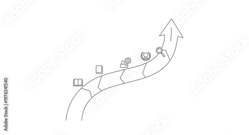 Arrow diagram displays a linear progression of business icons including a book, a tablet, a briefcase, a trophy, and a magnifying glass, representing a structured growth path for professional success.