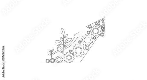 Arrow pointing upward is composed of interlocking mechanical gears and small green plants representing the sustainable growth and technological advancement of a modern and eco-friendly business model.