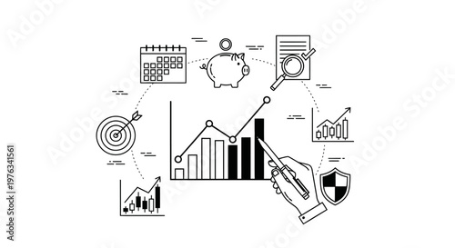 Graphs and business icons are arranged in a circular formation surrounding a hand holding a pen to illustrate the essential components of strategic financial planning for a growing professional.