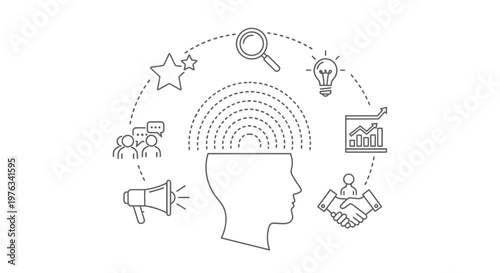 Head silhouette features radiating lines surrounded by business icons including a megaphone, handshake, lightbulb, and graph to represent the process of creative thinking and strategic planning.