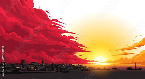 A vibrant cityscape at sunset with a dramatic red and orange sky