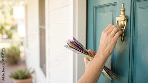 A woman's hand holding political campaign brochures, knocking on a teal wooden front door on a bright residential porch