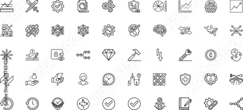 Strategic business planning and blockchain cryptocurrency network line icons