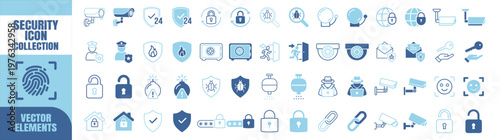 Security icon set with surveillance locks shields fingerprint cameras and cybersecurity protection symbols