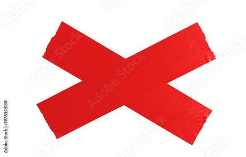Red duct tape in X cross shape isolated on white background. Sticky adhesive bandage marker for stop, cancel, error, or forbidden warning sign concept.