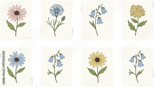 Vector illustration of botanical postage stamps featuring colorful flowers with green leaves and perforated borders