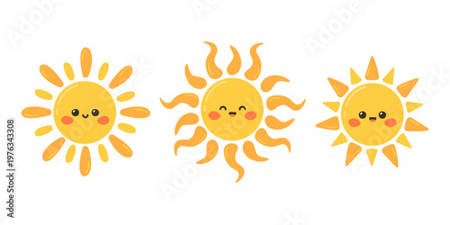 Collection of cute suns on white background. Vector illustration.