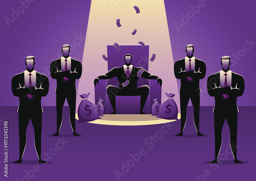 Rich businessman sits on throne surrounded by guards and money bags in opulent room.
