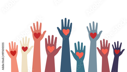 Arms raised group of children men and women with heart in hand. Multicultural community support, charity donation, volunteer work and social care concept. People diversity.