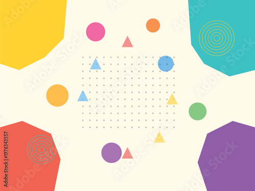 Vibrant Geometric Composition: A dynamic design featuring an array of colorful geometric shapes and patterns, creating a visually stimulating abstract arrangement.