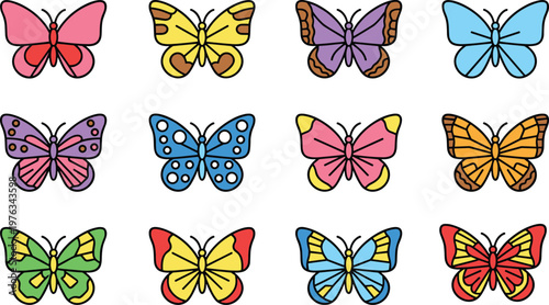 Vector illustration of colorful butterflies with unique wing patterns including spots, stripes and decorative outlines