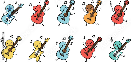 Vector illustration of colorful cartoon characters playing guitars with musical notes in joyful and playful poses