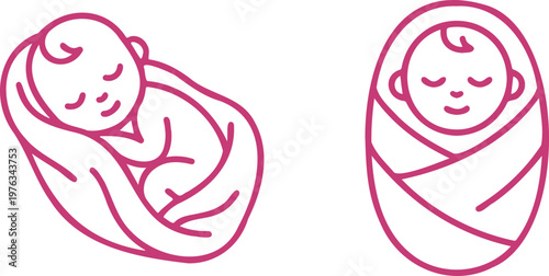 Newborn babies swaddled in swaddling cloths with line art sleeping peaceful comfortable illustration minimalist collection