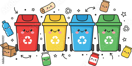 Vector illustration of colorful recycling bins with smiling faces and recyclable items in cute cartoon style
