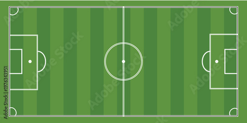 Top-down aerial view of a green soccer field with white markings, including the center circle, penalty areas, and goals.