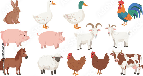 Farm Animal Illustration Set Featuring Pig, Cow, Sheep, Goat, Horse, Chicken, Duck, Rooster, and Rabbit for Agriculture, Livestock, and Rural Design