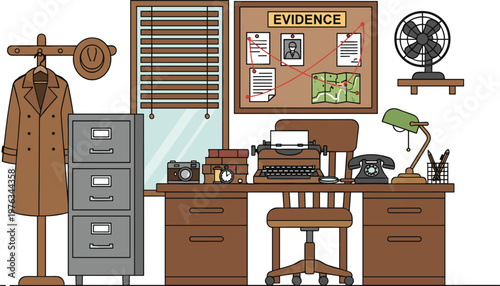 Vector illustration of detective office with desk, typewriter, evidence board, coat rack and filing cabinet