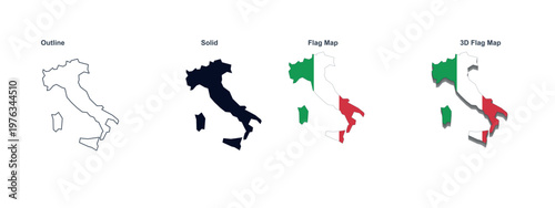 italy map vector illustration outline solid flag map and 3d flag map on white background