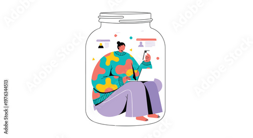 Vector illustration, colorful man in jar, confined space, surreal scene, modern style