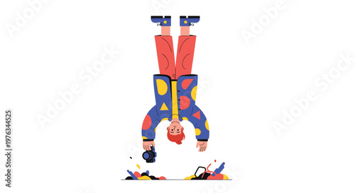 Colorful clown, upside down, acrobat, circus performer, vector illustration