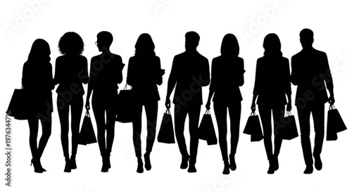 Group of diverse individuals standing closely together in silhouette isolated on transparent background, Vector